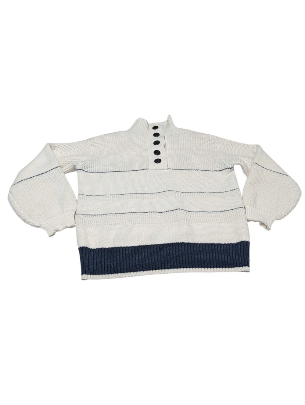 Commense Cream Stripe Mock Neck Button Pullover Sweater Nautical Knit Large L - Picture 5 of 9